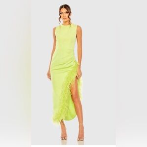 Mac Duggal Neon Lime Asymmetrical Feather-Trim Gown